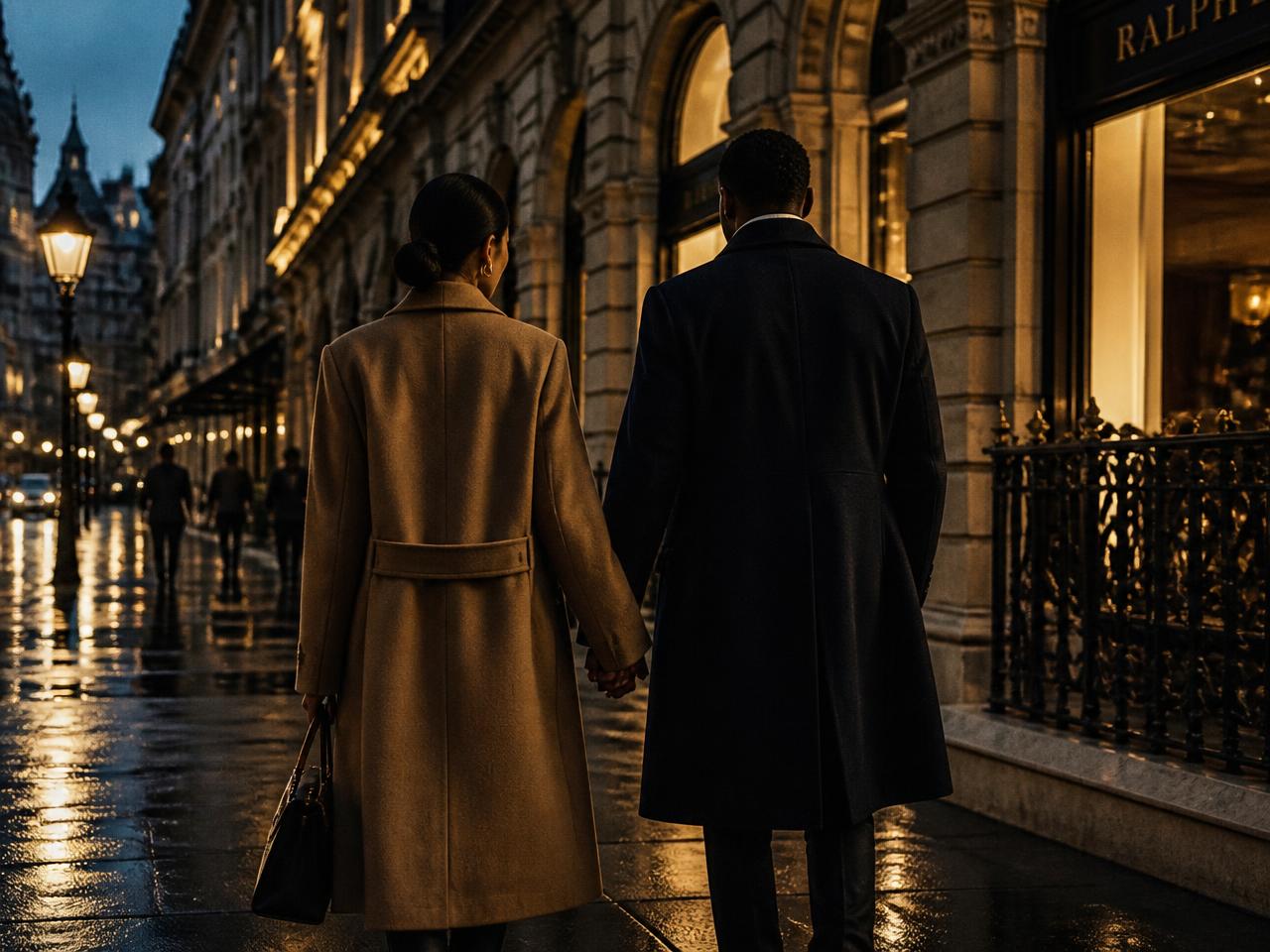 A couple walking hand in hand through an upscale city district at dusk