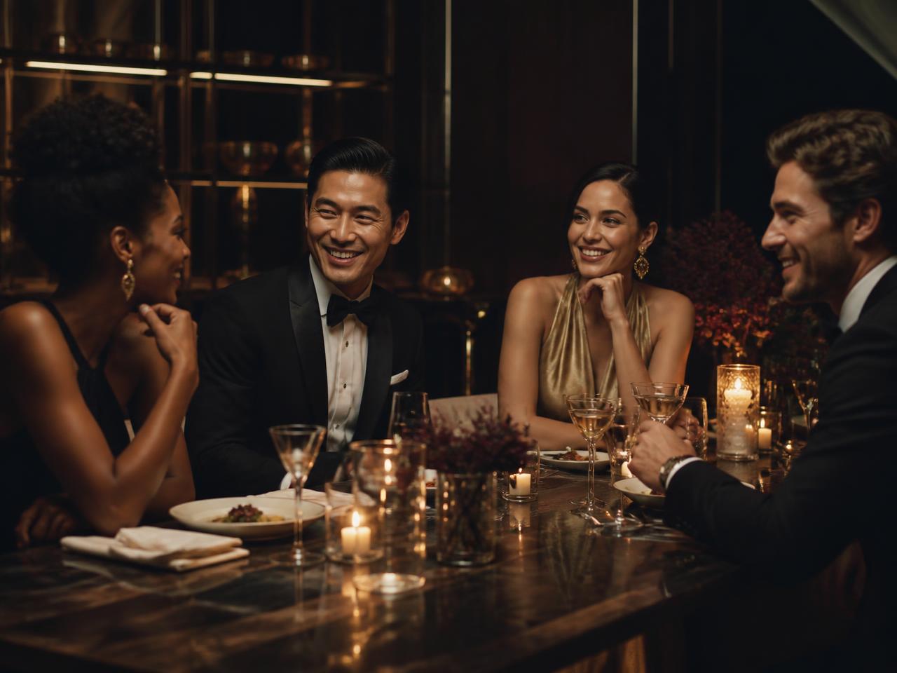 Two couples dining together at an intimate candlelit private dinner