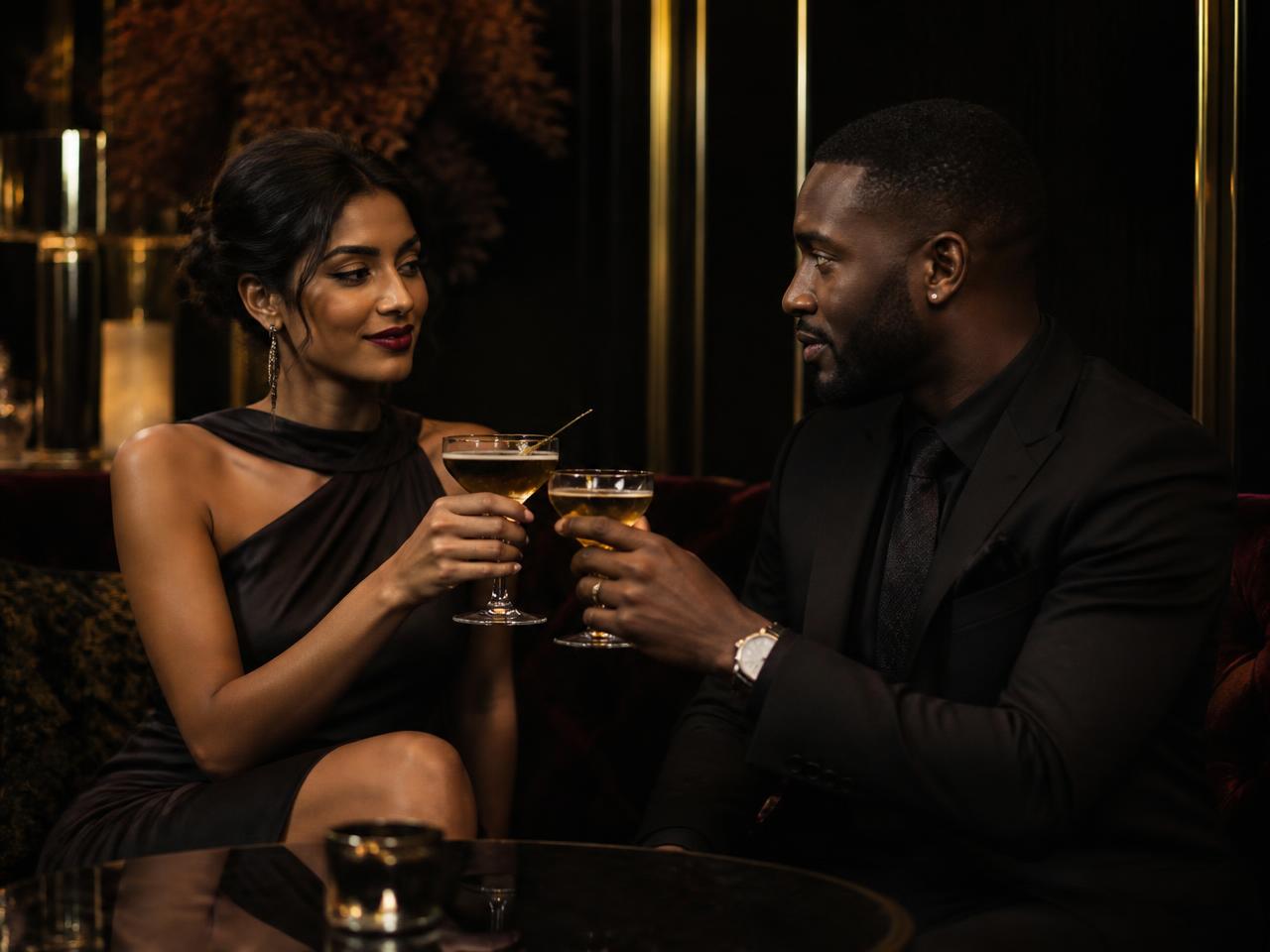 Two professionals toasting cocktails in a dim members club lounge