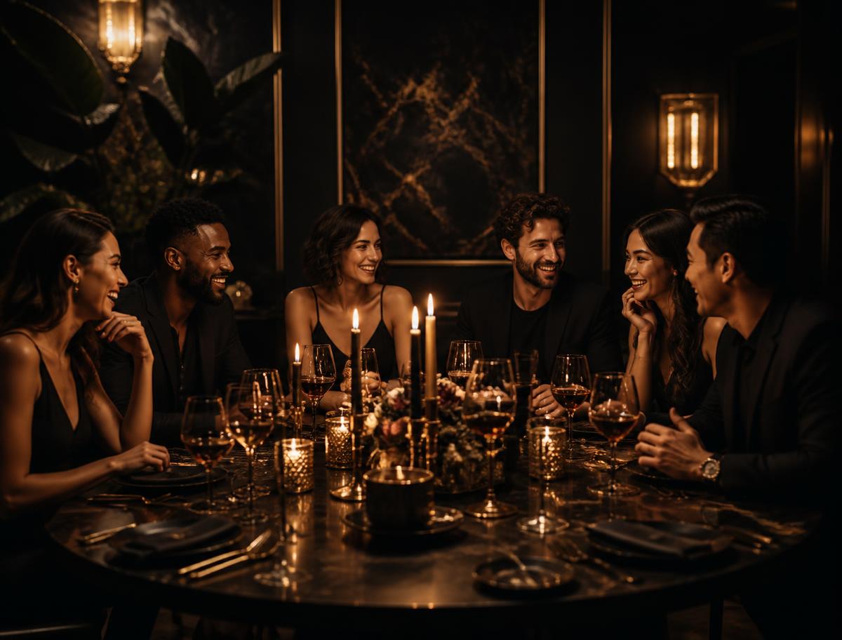 Six young professionals laughing around a candlelit supper club table